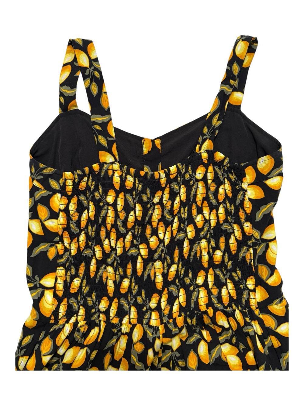 LOFT Lemon Print Jumpsuit Wide Leg Cropped Smocked Back Black Yellow Medium - Picture 5 of 7